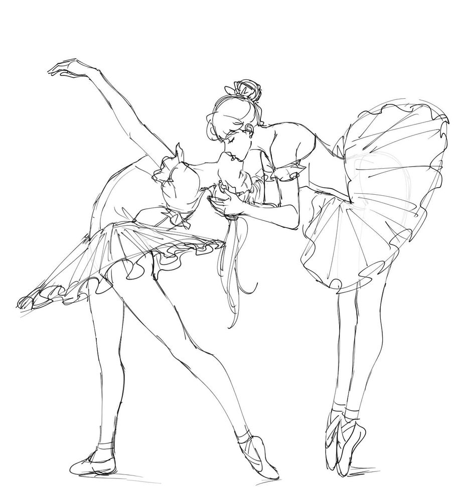 SeoNoa are both in costume wearing ballet tutus. Noa has her back arched and head faced upside down while Seojin is bent forward on her tippy toes, holding Noa's head as she kisses her.