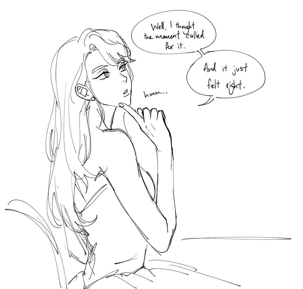 Seojin has a thoughtful expression with a finger on her chin. Her speech bubbles read "Well, I thought the moment called for it. And it just felt right."