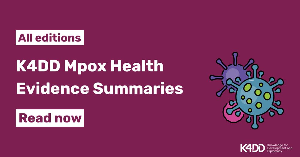 A branded purple graphic card. In the bottom right corner there is an illustration of a virus. Text reads: All editions. K4DD Mpox Health Evidence Summaries. Read now. 