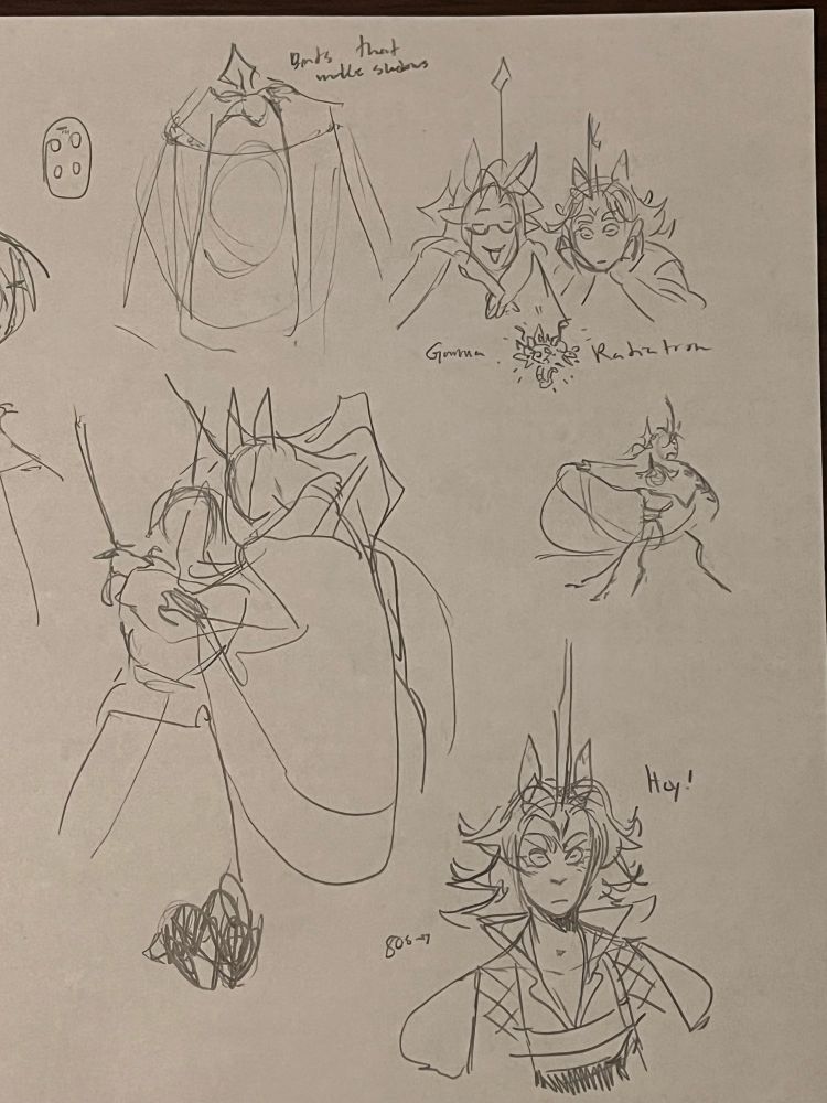 Series of messy pencil sketches, the most legible are the top right where two figures stare at an almagamation of Rats surround by the words 'Gamma Radiation. The middle left has two figures close together, one holding out a sword, the other with a hand on his back. The bottom right has a figure with flipped out hair and puffy shirt sleeves looking mildly shocked or offended saying 'hey!'