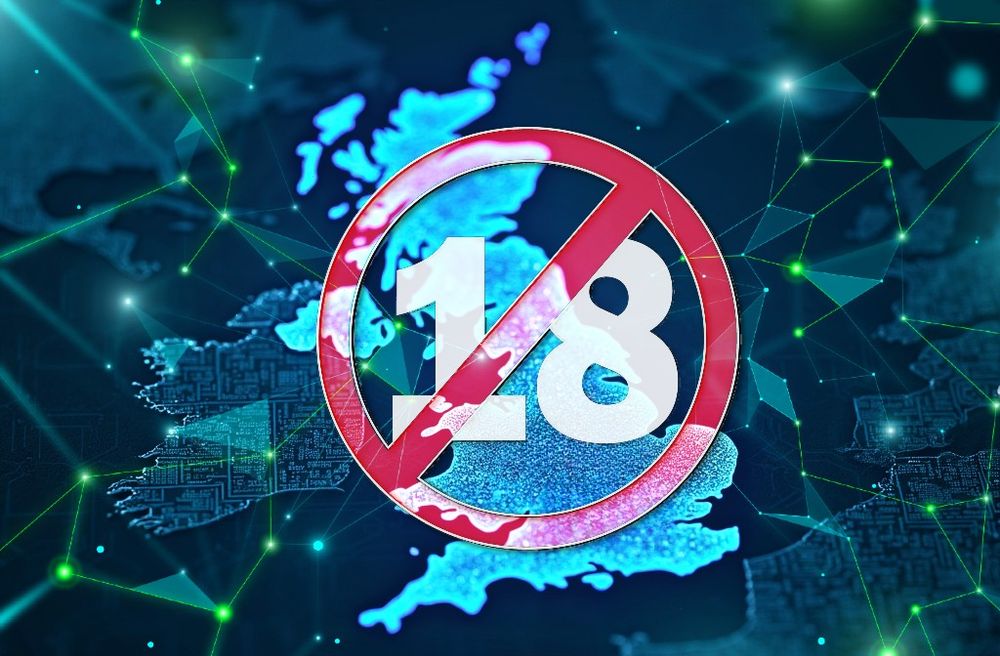 Dark blue/green/black image of the United Kingdom overlaid with cyberspacey graphics, emblazoned with a giant "no access to under 18s" symbol (a red circle with a diagonal line through it over the white number 18)