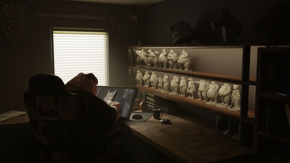 A pig do a sculpt, he sit, room dark. Many sculpt
