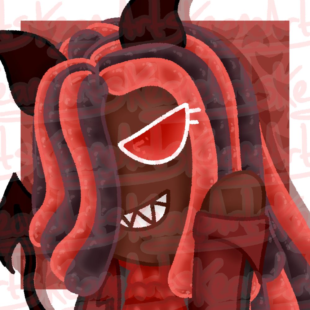 a bust drawing of a cookie run oc in the cookie run style. his eyes are red. his hair is long strands of liqourice alternating red and black covering his left eye. he is stood grinning with sharp teeth. his left hand is raised to his cheek. he has dark red horns and a spade shaped tail. he is wearing a dark red jacket over a black shirt with a red cravat. the background is a red box with a repeating pattern of the rounded triangle shape of his tail, with a white border. there is a watermark saying 'KeaneArts' repeating over the image.