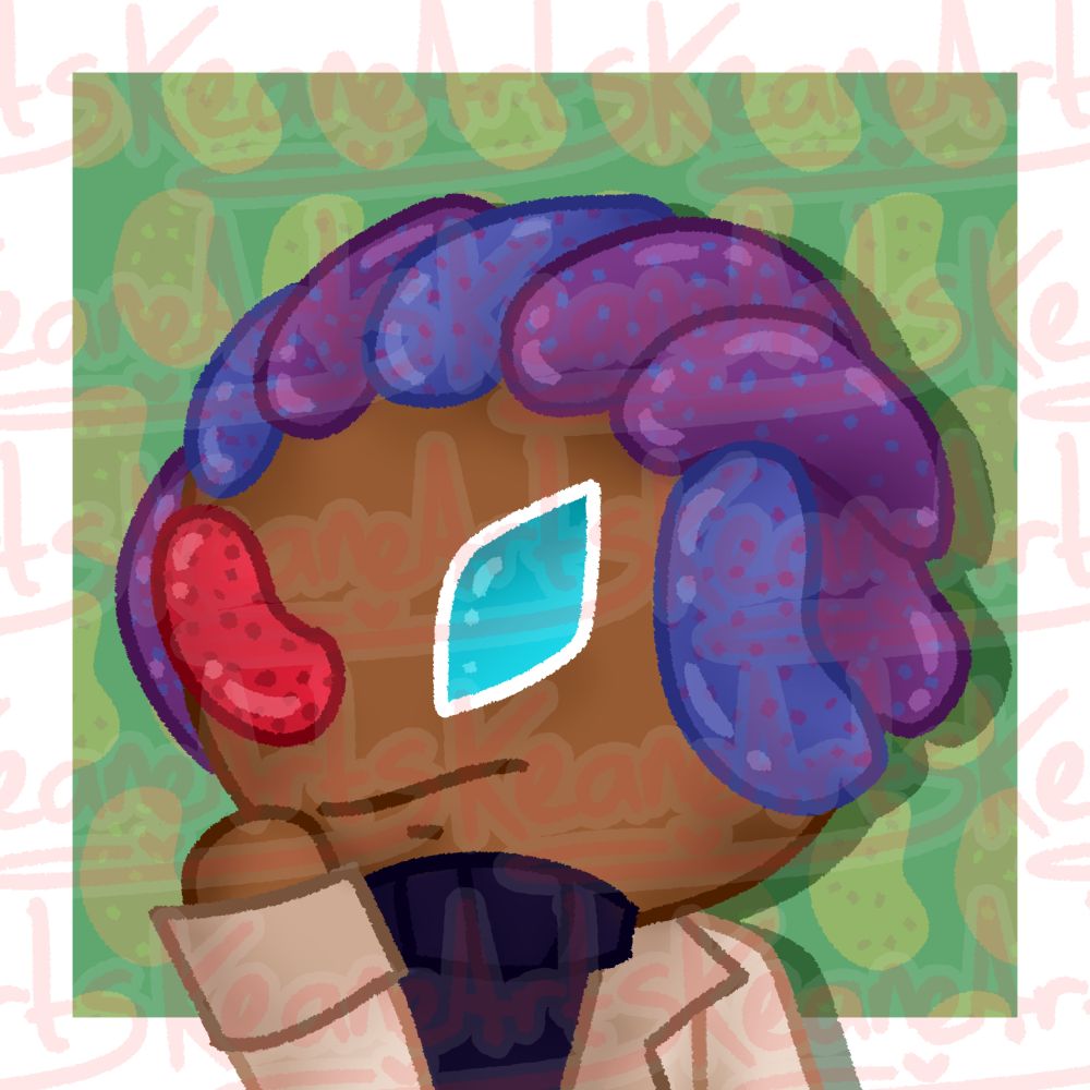 a bust drawing of a cookie run oc in the cookie run style. his hair is blue and purple jellybeans, speckled with each others colours, styled like short dreads. he has one 'hand' on his chin and is facing left, looking thoughtfully. his left eye is a red jellybean and his right is light blue. he is wearing a dark blue turtleneck and a tan jacket. the background is a green box with yellow and orange jellybeans, speckled with each others colours, with a white border. there is a watermark saying 'KeaneArts' repeating over the image.
