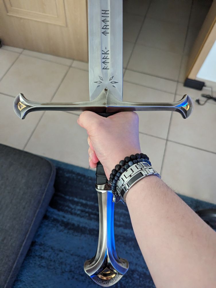 Anduril, dans ma main. 
On voit le pommeau, la poignée, la garde et le début de la lame avec les runes formant le poème d'Anduril