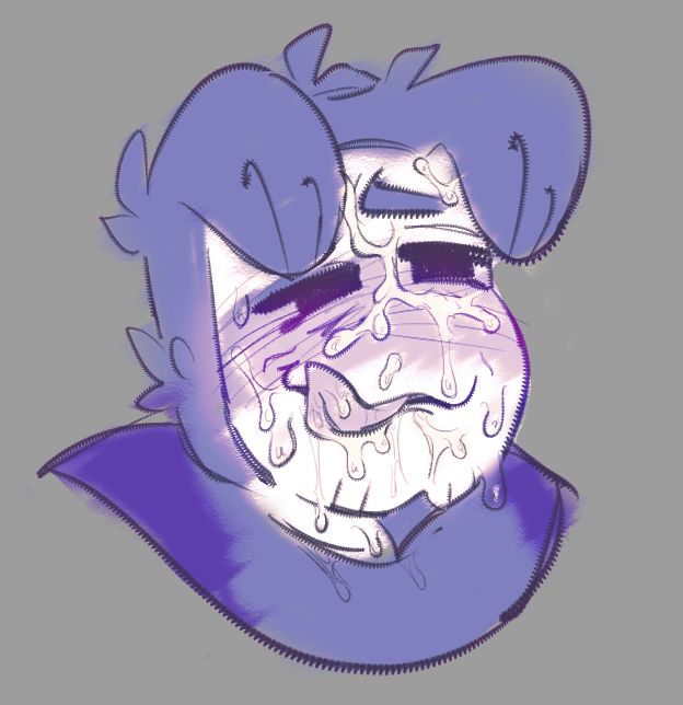 a digital head shot illustration on a grey background of an anthropomorphic character with two round tufts of hair on his purple head that resemble dog ears, big thick eyebrows on his white face, dark eyes, a small beard, and a purple tongue lapping up the cum spread all over his face. he is blushing with a lustful expression, sweat dripping down his face.