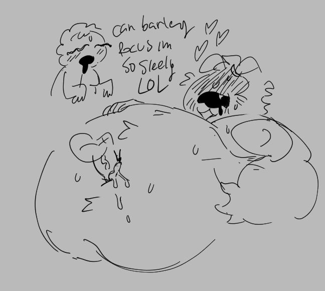 digital illustration on a grey background of a fat anthropomorphic character with dog ears connected to his hair, no nose, side burns, a beard and stubble, fat tits, and a big round belly. a disembodied cock is plowing his navel while he blushes and sweats heavily with a very aroused expression. above is a shitty drawing of me, a humanoid afro haver, looking sleepy and drooling with the text beside saying "can barley focus im so sleely LOL"