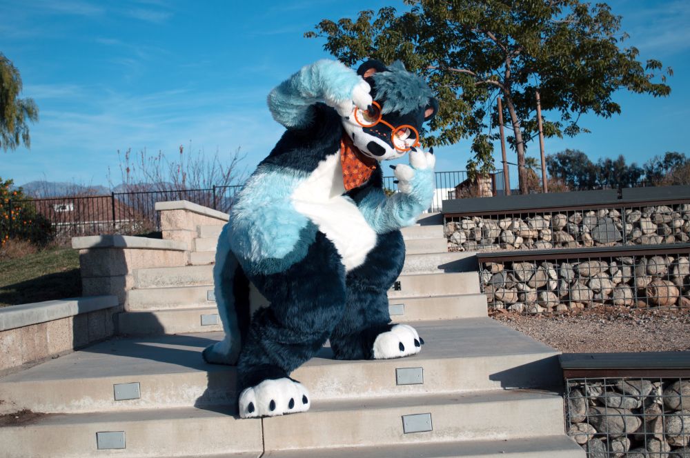 Twig in fursuit posed in a crouch on some stairs and I guess throwing up some signs with his hands but his finger dexterity isn’t great so it’s hard to tell what he’s going for.
