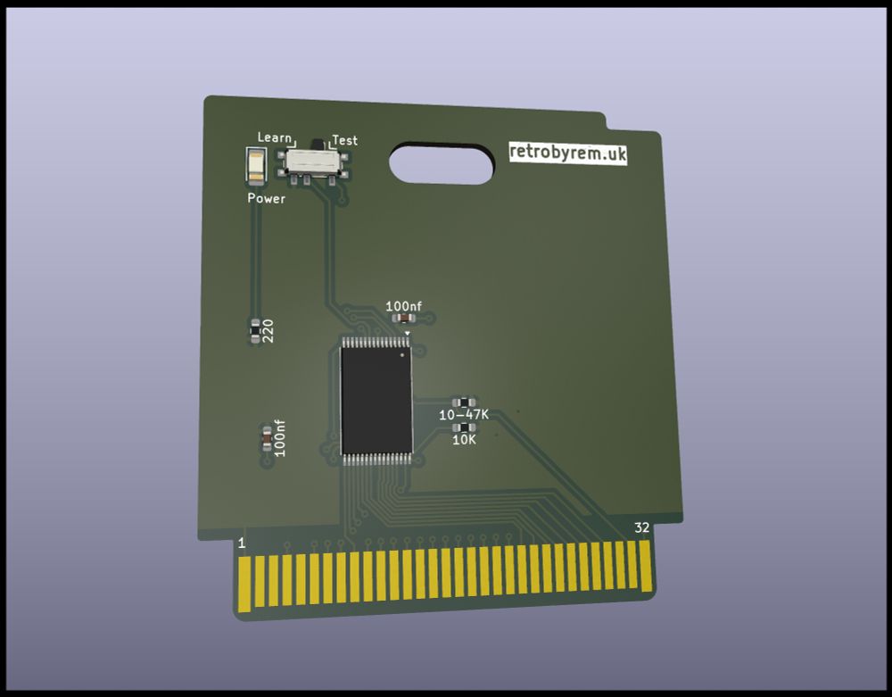 A rendering of a gameboy cart PCB with "retrobyrem.uk" at the top, and a switch with labels "learn" and "test".