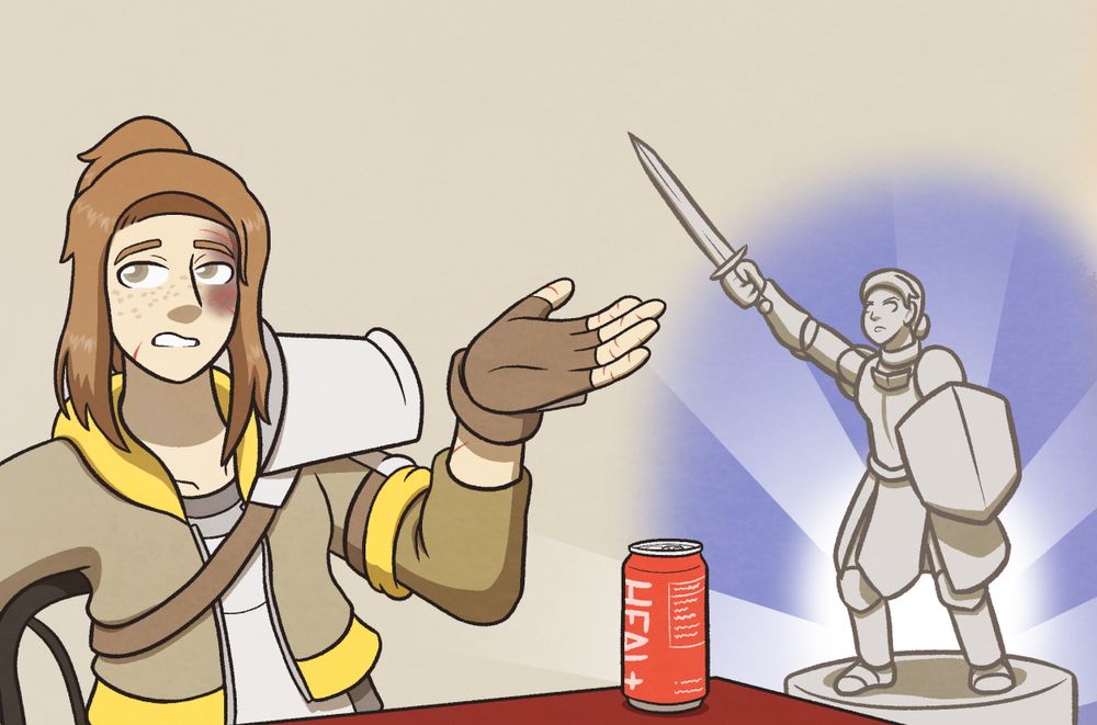 Dani, a woman with reddish hair, covered in cuts and bruises, sits at a table with a red canned drink. She gestures while speaking, and an image of a statue of a knight appears beside her.