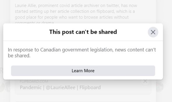 Facebook warning as a Canadian trying to post a link to flipboard.

"This post can't be shared
In response to Canadian government legislation, news content can’t be shared."