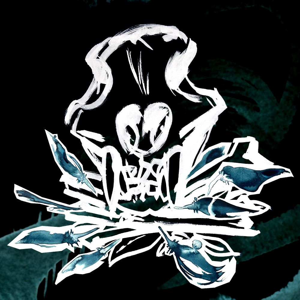 A lion's skull sitting on a pile of bones, stick and leaves, interspersed with blue watercolour feathers. The linework is thick, aggressive, sketchy, and is using a white on black colour scheme.