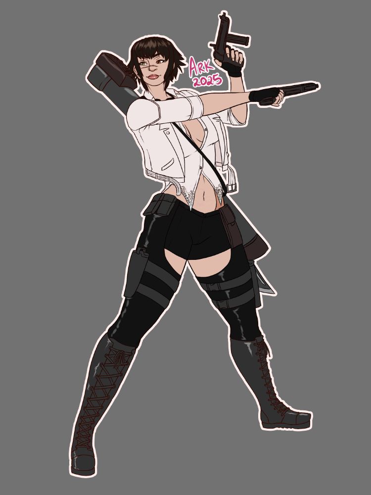 image is an illustration of Lady (aka Mary) from Devil May Cry in her outfit from DMC5. She's doing an action pose while looking off-screen, with a gun in each hand and her signature rocket launcher on her back.