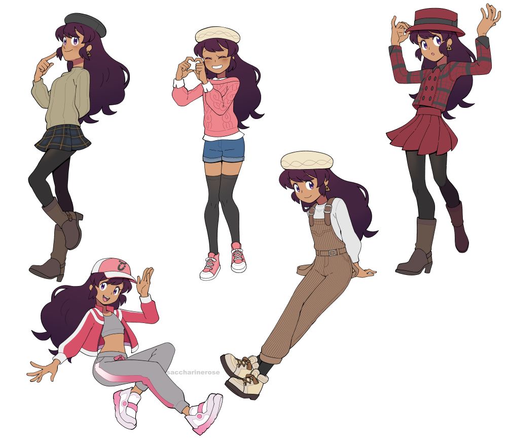 A digital drawing of Rosika in 5 different outfits from Pokemon Legend Z-A