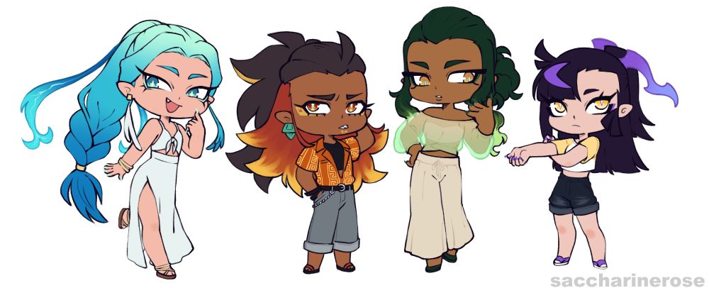 A digital drawing of chibis of 4 different characters in summer outfits