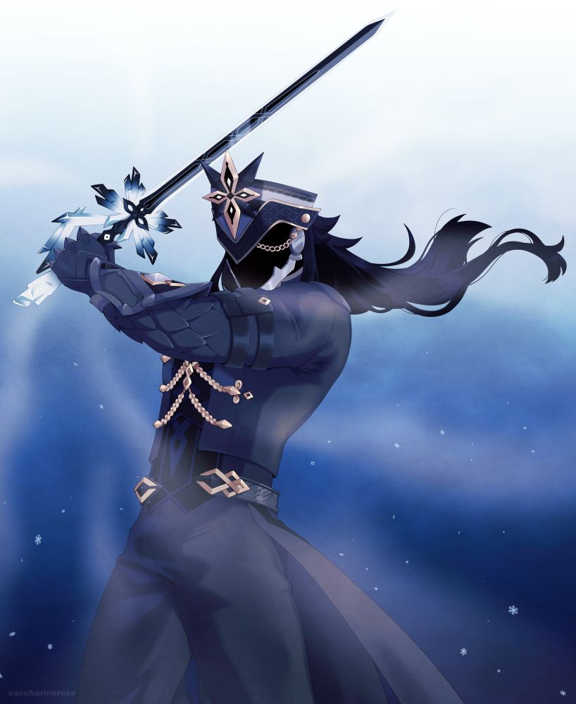 A digital drawing of Capitano from Genshin Impact. He is standing in front of a blue gradient background with his sword, Antumbra, raised in his left hand.