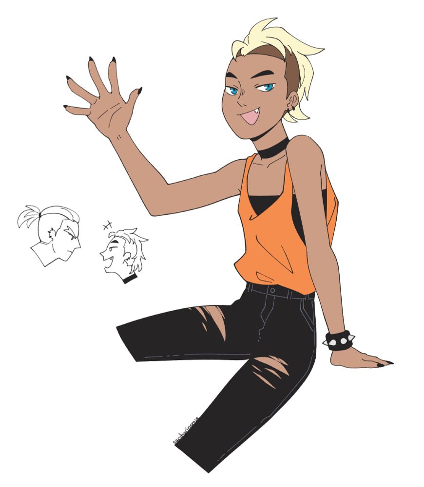 A digital drawing of an androgynous-looking young woman. She has shaved sides with very light blonde hair and blue eyes, as well as a light tan. She is sitting with one hand raised as if waving. She is smiling with an open mouth, in which a single, sharp canine is visible.

To the woman's left is a little, simple doodle of her facing off with a larger man. She is laughing in his face while he looks not amused and is glaring at her.