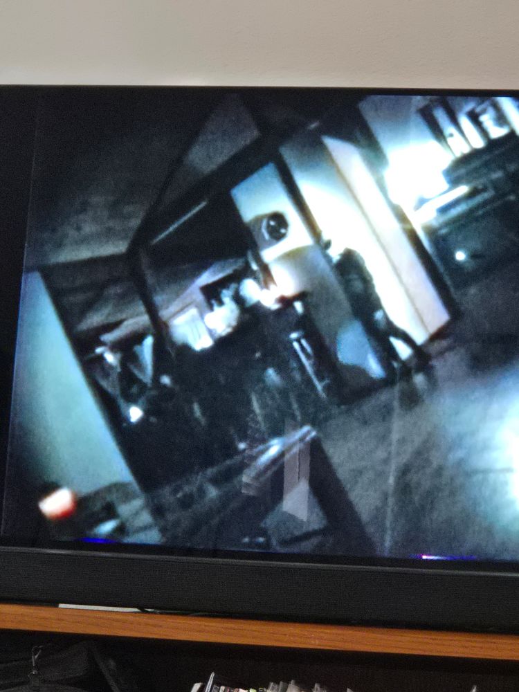 Grainy shot on video image of 3 youn girls in classic Grey man alien costumes 