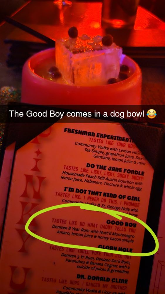 A drink menu at a Speakeasy in Austin, Texas. The item, "Good Boy" is highlighted. 
