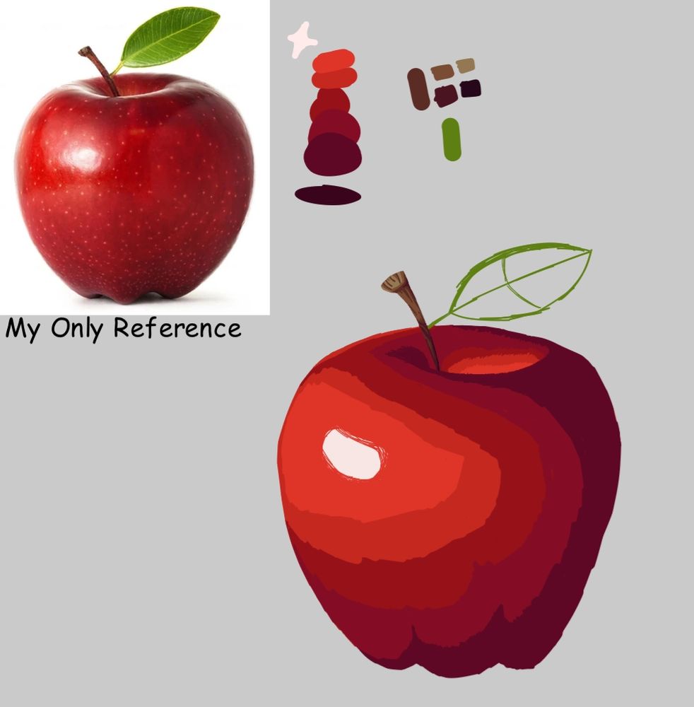 A digital drawing of a red apple with a stem and an unfinished leaf, with a reference and a color palette at the top