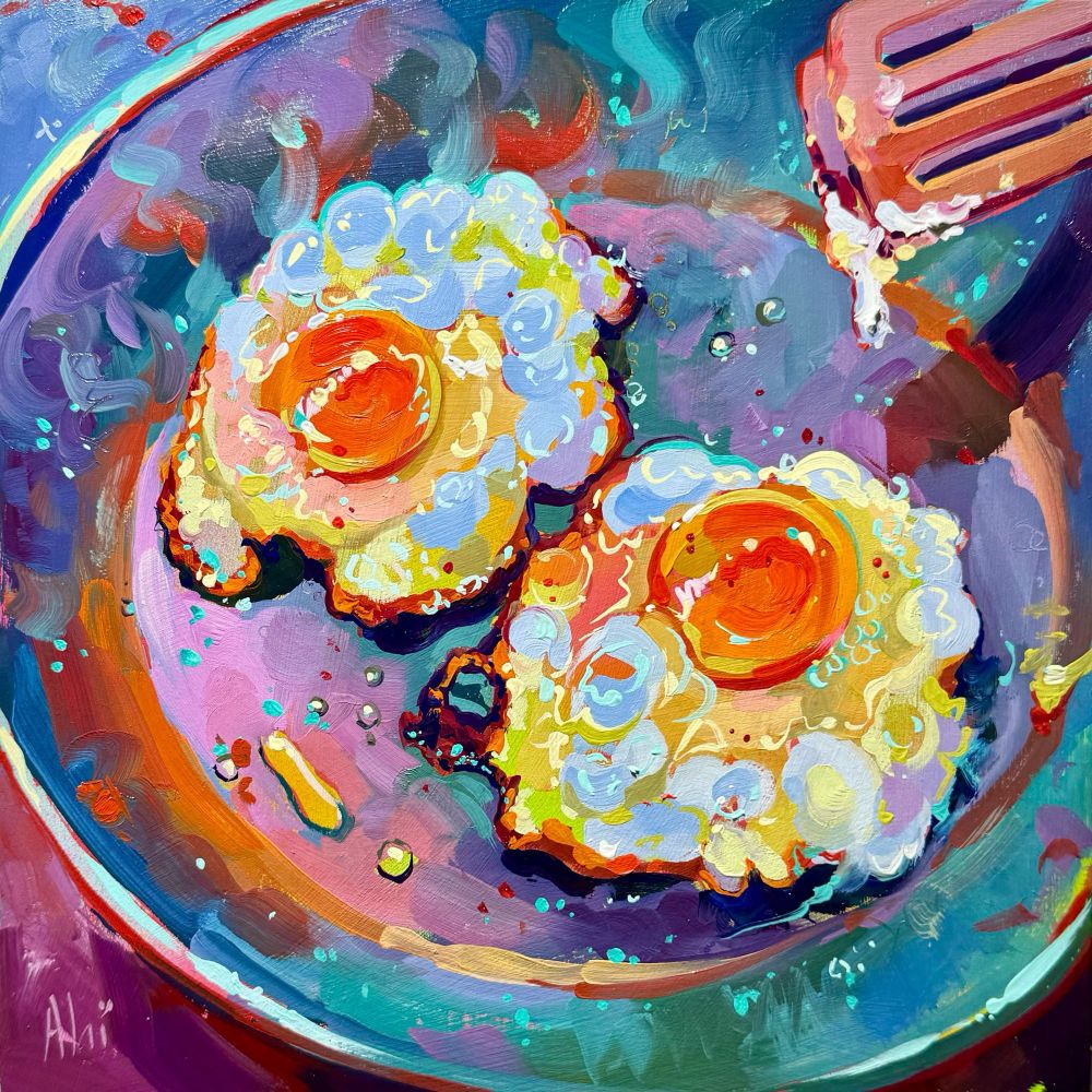 Frying eggs IV oil painting. Painting made with super bright oil painting colors!