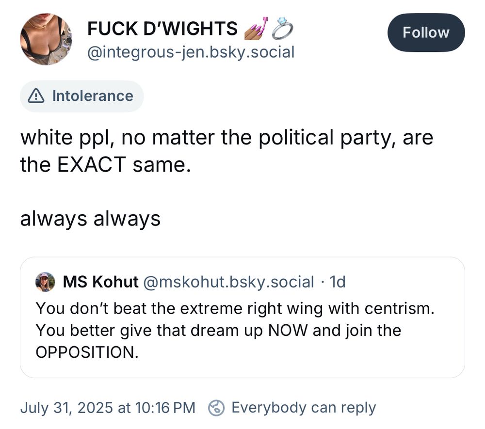 Screenshot of the above tweet showing the Bluesky moderation "intelolerance"