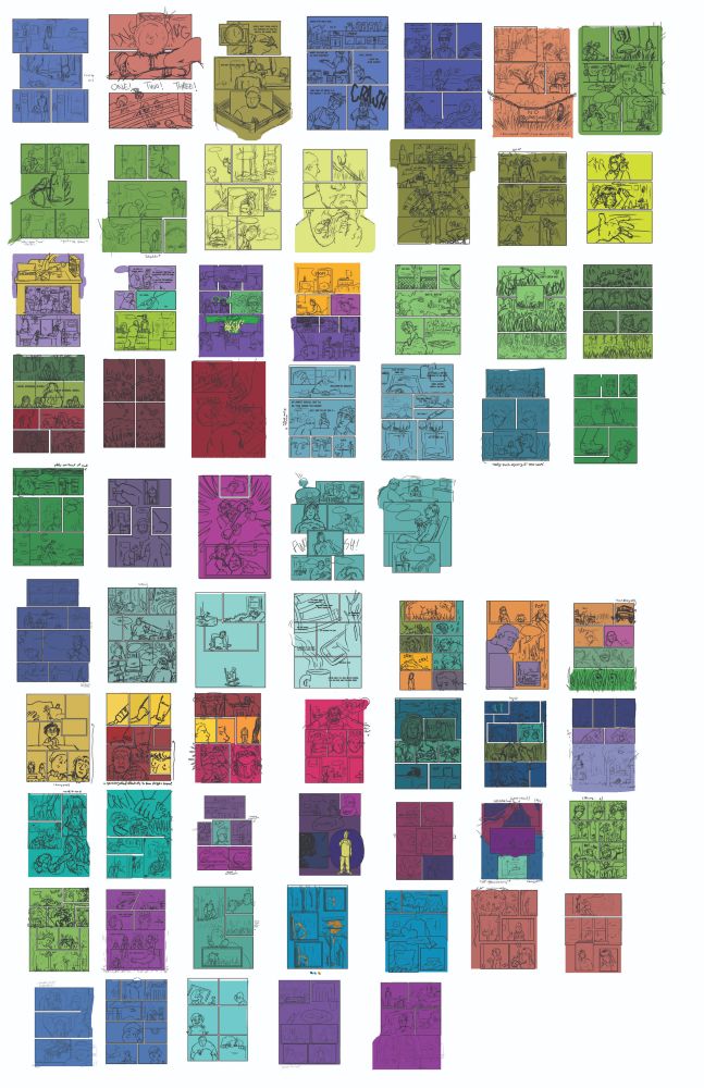 A colorkey of my graphic novel, Wilderness, while in the thumbnail stage. Each page has a dedicated series of colors that flow with the emotions of each scene, and help to map out the flow of the narrative through color design.