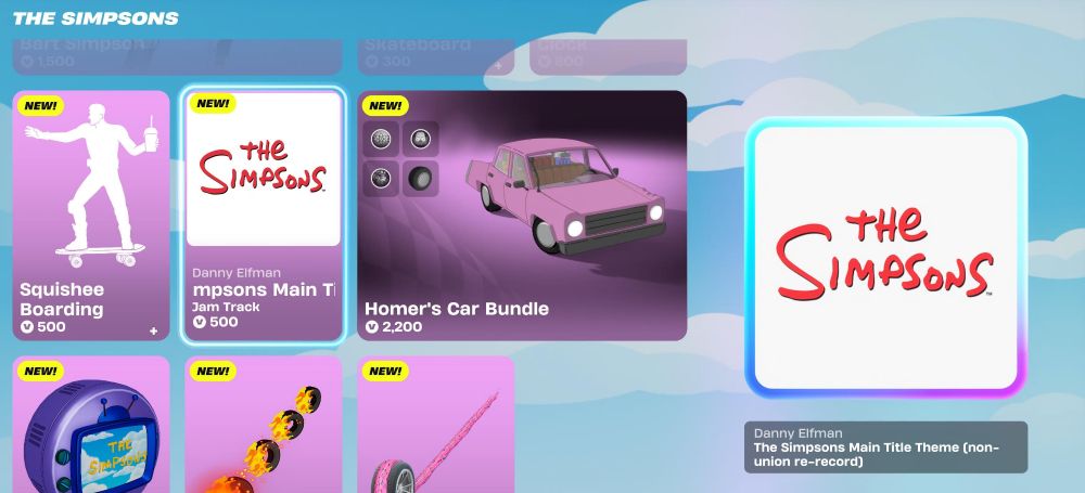 Screenshot of the Fortnite shop menu for The Simpsons crossover, focusing on the item "The Simpsons Main Title Theme (non-union re-record).