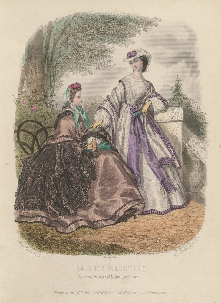 Woman in brown silk dress seated with feet propped on pillow stool. Woman in white dress with purple trim stands beside