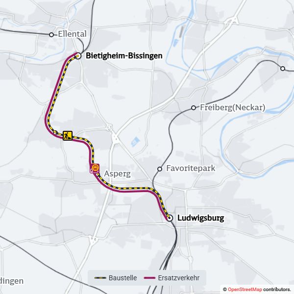 Streckenkarte zwischen Ludwigsburg und Bietigheim Bissingen.