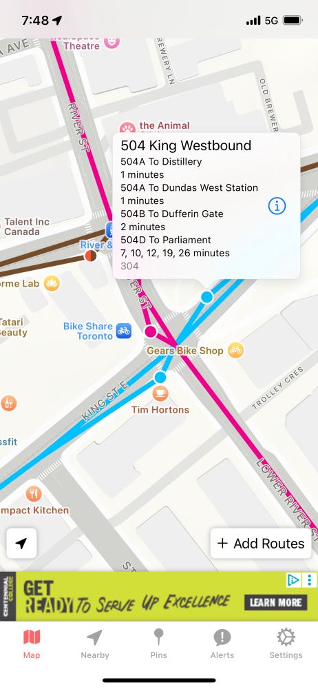 Map with ttc route at king and river 