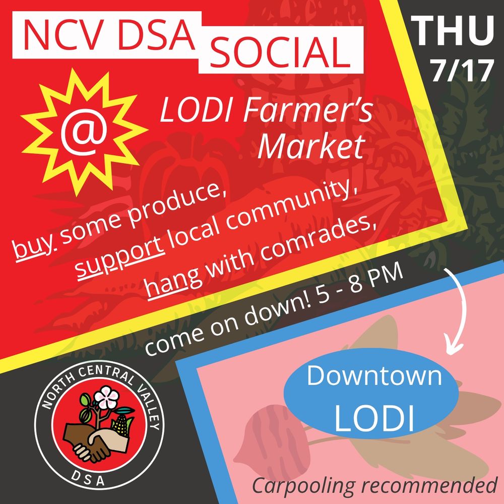 NCV DSA social @ Lodi Farmer's Market - buy some produce, support local community, hang with comrades, come on down! 5 - 8 PM Downtown Lodi. Carpooling recommended.