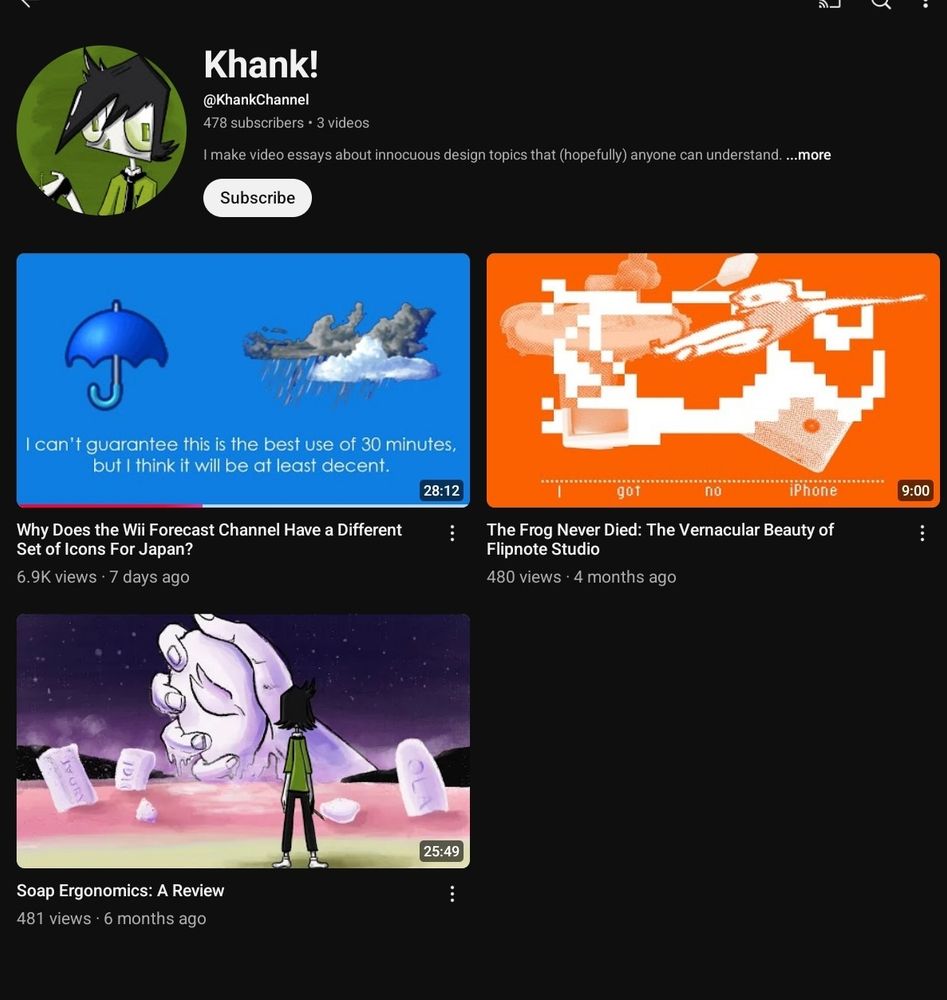 Screenshot from the youtube app of the tiny KhankChannel channel, showing its bizarre output. The first half-an-hour long video shows signs of already being halfway watched. 