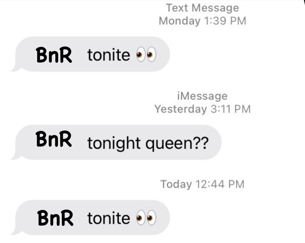 Text message thread that says “bNR” tonight” in the “Borat 2 tonight” meme format on reference to the 05/19 Flesh and Blood Banned and Restricted announcement 