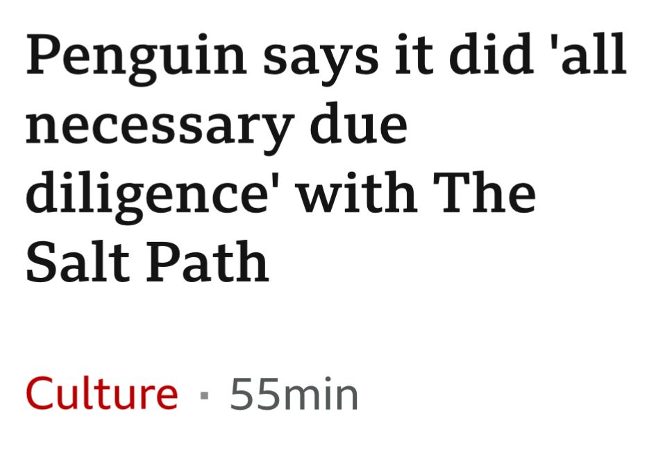 A BBC news headline which says “Penguin says it did “all necessary due diligence” with The Salt Path