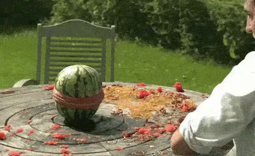 a watermelon is wrapped in a rubber band on a table .