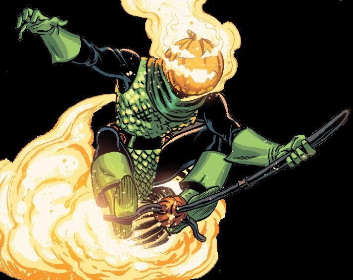 A render of Jack O'Lantern from Marvel Comics riding his iconic flaming flying broomstick.