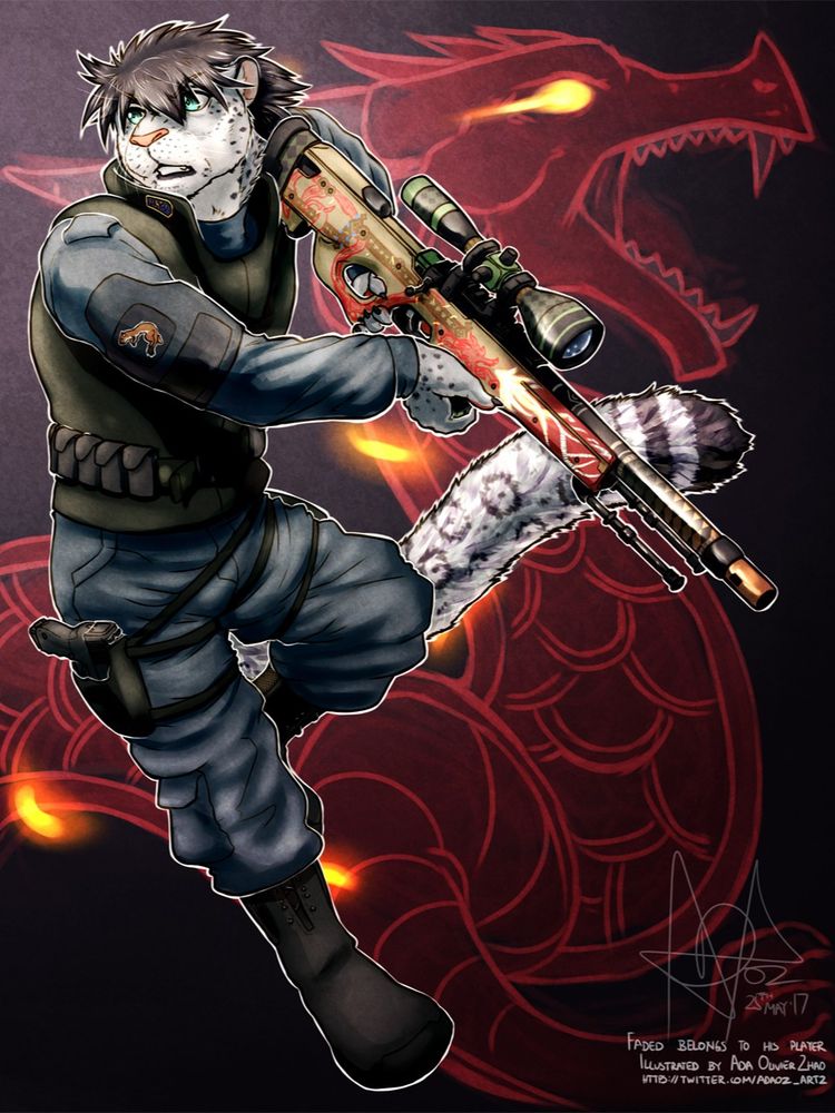Pinup commission for a friend of mine of his snow leopard fursona, with what I believe is his getup and sniper rifle he uses in the game of the game CS:GO