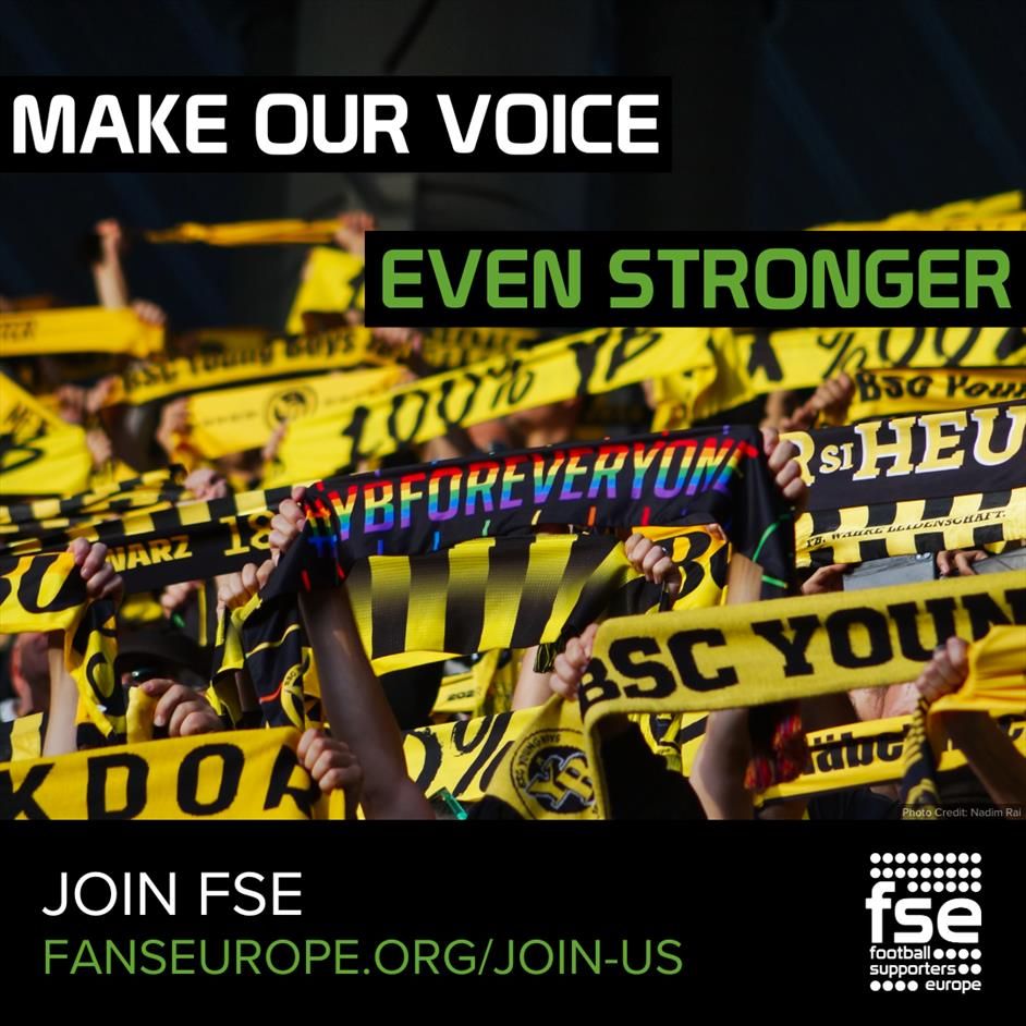 Football fans hold up yellow and black scarves in the stands, showing support for BSC Young Boys. One scarf in the centre has rainbow colours. Overlaid text reads “Make our voice even stronger – Join FSE,” with the Football Supporters Europe logo and website link fanseurope.org/join-us.