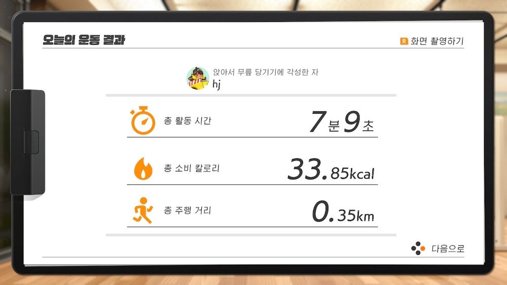 총 활동 시간 7분 9초
총 소비 칼로리 33.85kcal
총 주행 거리 0.35km
