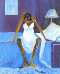An extremely popular painting “Blue Monday” featuring a tired black woman sitting at the edge of her bed with her head low, hair in a curl and white nightgown on, as she contemplates.