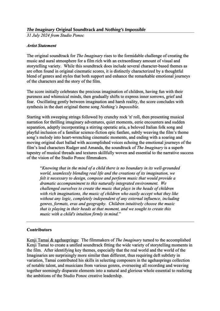 page 1 of 2: Notes on the creation of the music for the Studio Ponoc animated feature film “The Imaginary”.