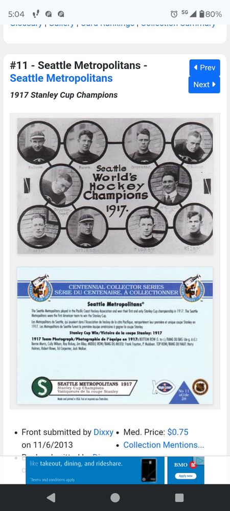 Seattle Metropolitans team card 1992