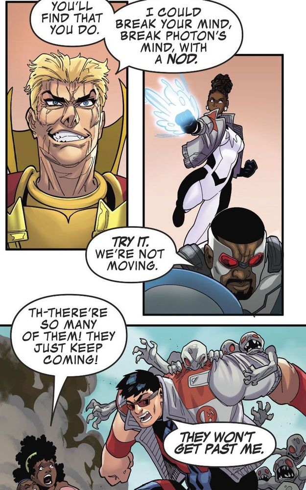 the enemy mind-controls the civilians, throwing them at the heroes while he goes to touch the crimson monolith