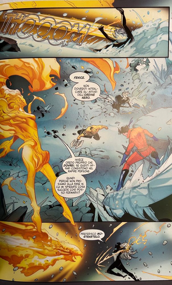 As they get to the moon, Jean and Chris find the slaves who are being tortured by the Black Order and Jean jumps against the foes to stop their wrong doings