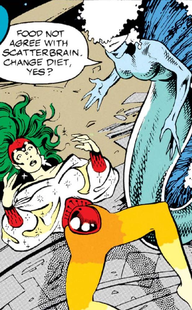 Captain Britain accidentally punches Fascination (Or Scatterbrain if you’re not brave enough) seeing the scene, China Doll suggests her a change in diet 