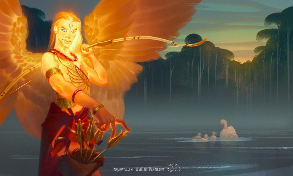 Alt text: a glowing angel stands at a lake shore during twilight, with a bow in hand