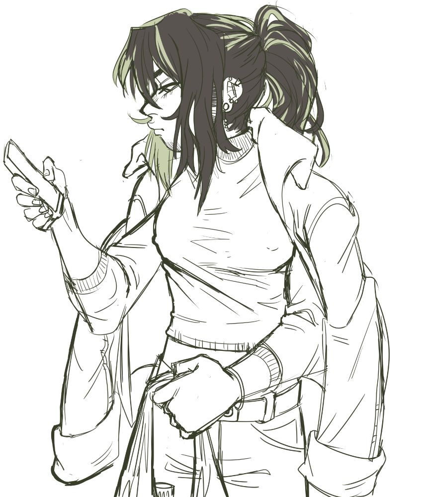 A drawing of Ras holding a bag of groceries while checking his phone. He has a thick-collared, denim coat over his shoulders and his turtleneck ends above his waist like a crop-top. His hair is dyed two-toned black and blond and is tied up in a ponytail.