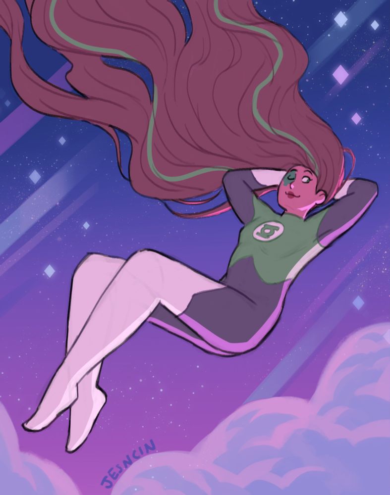 Jessica Cruz in her Green Lantern uniform (inspired by her DCSHG design), relaxing with her arms behind her head and her hair flowing out into the purple sky.