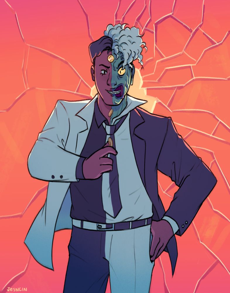 Biracial (half Black half white) Harvey Dent Two Face against a bright red background with cracked glass. He strikes a swaggy post while flipping a coin. He has a suit, pants and tie with split black and white colors.